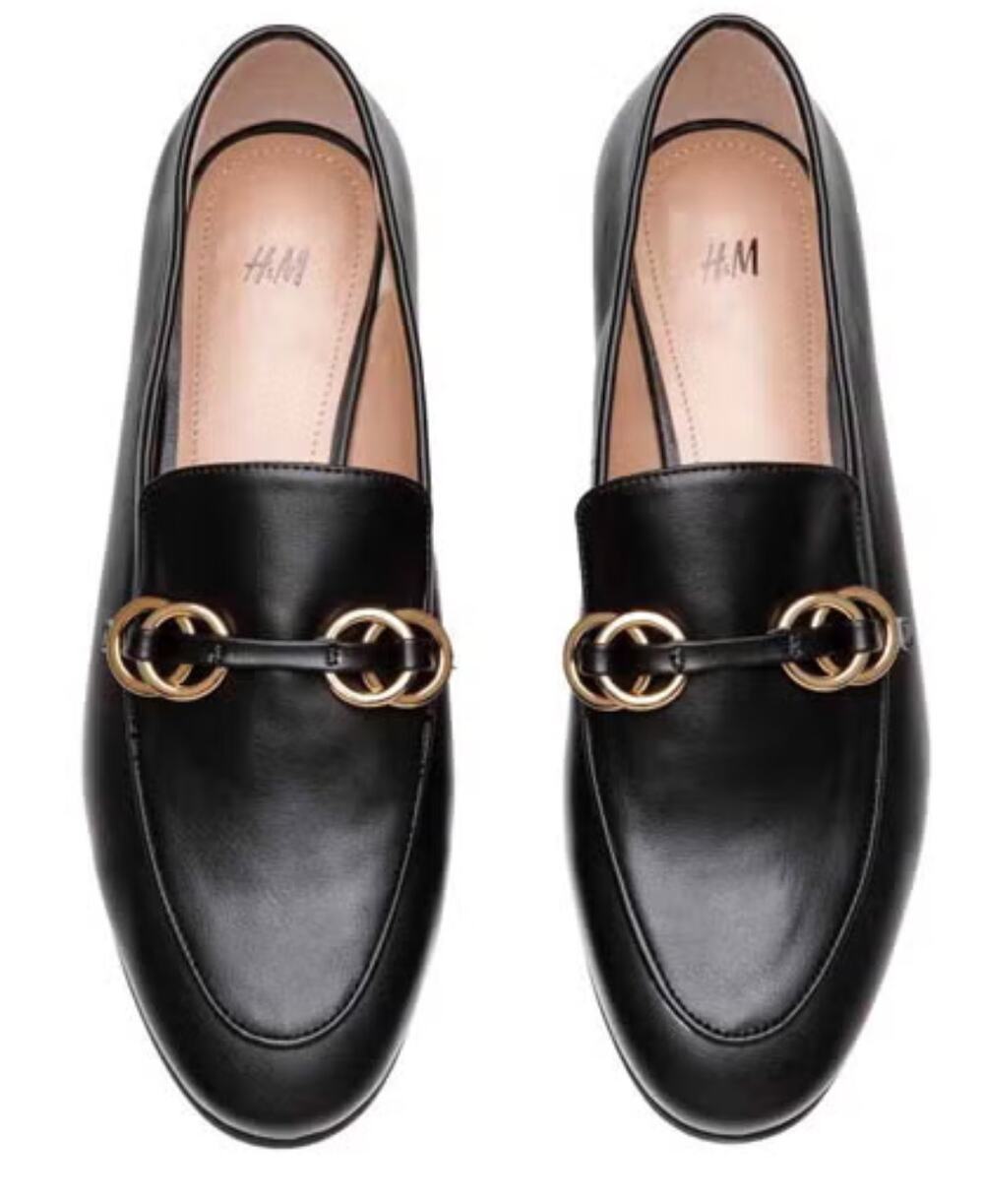 H&M Black Faux Leather Gold Hardware Loafers Slip On Shoes Size 8